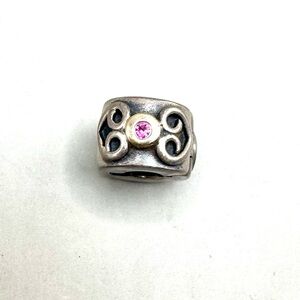 Pandora Sterling Silver 14k Gold Two Tone Heart Scroll Ruby Clip Charm #790382